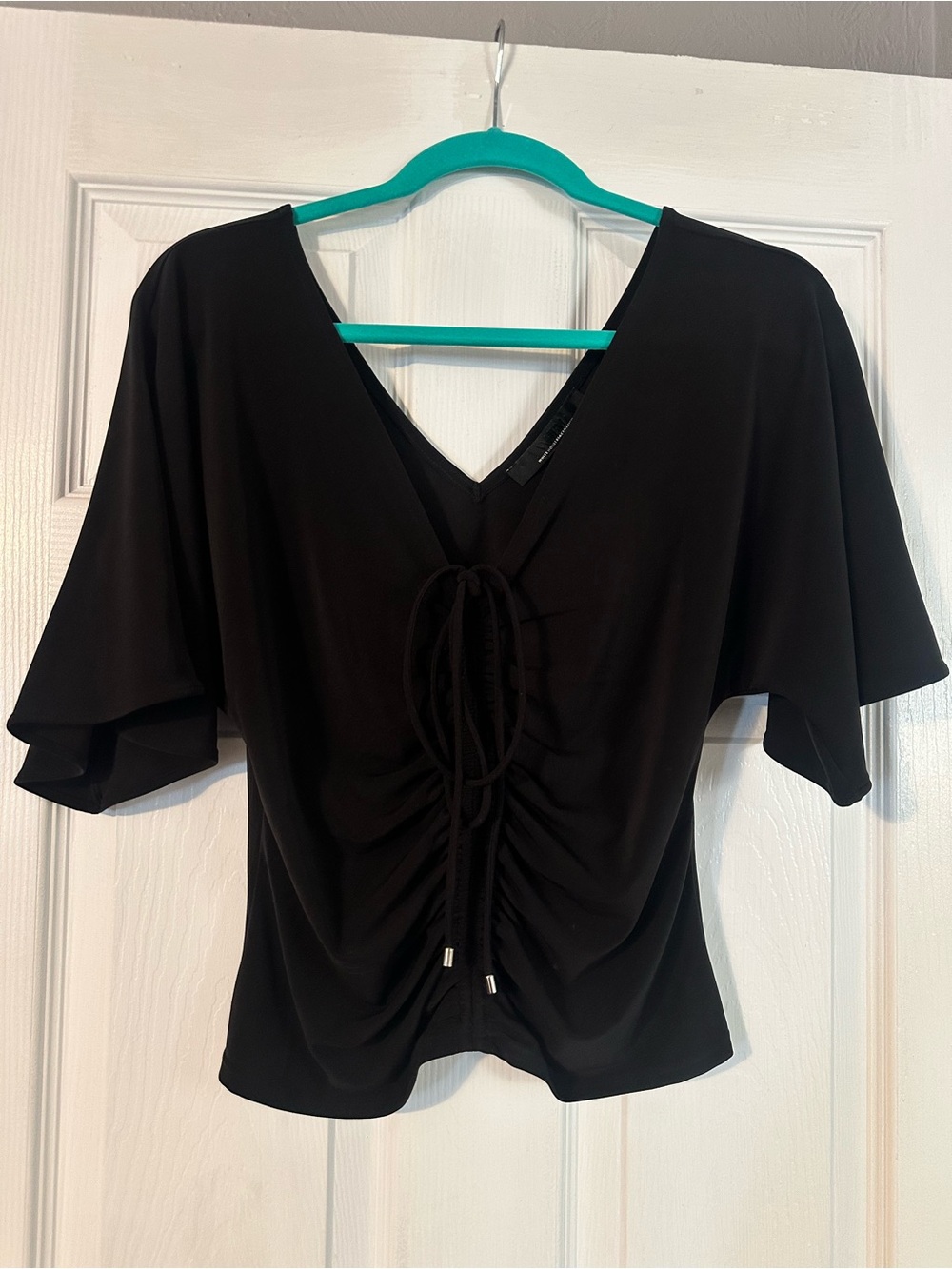 WHBM Black V-Neck Drawstring Front Blouse Small